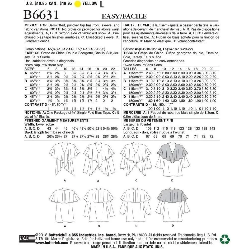 Butterick Sewing Pattern 6631 Blouse Shirt Pleated‎ Misses Size 6-14 UNCUT